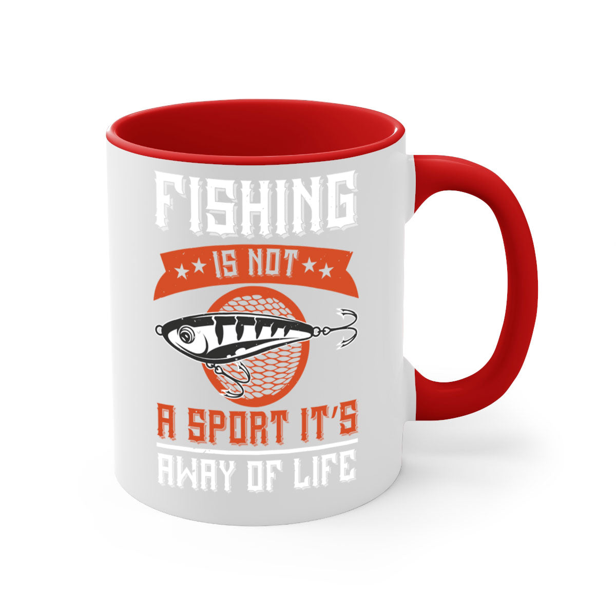 A two-tone ceramic coffee mug featuring the phrase 'Fishing is Not a Sport, It’s a Way of Life' with a glossy finish and colored handle.