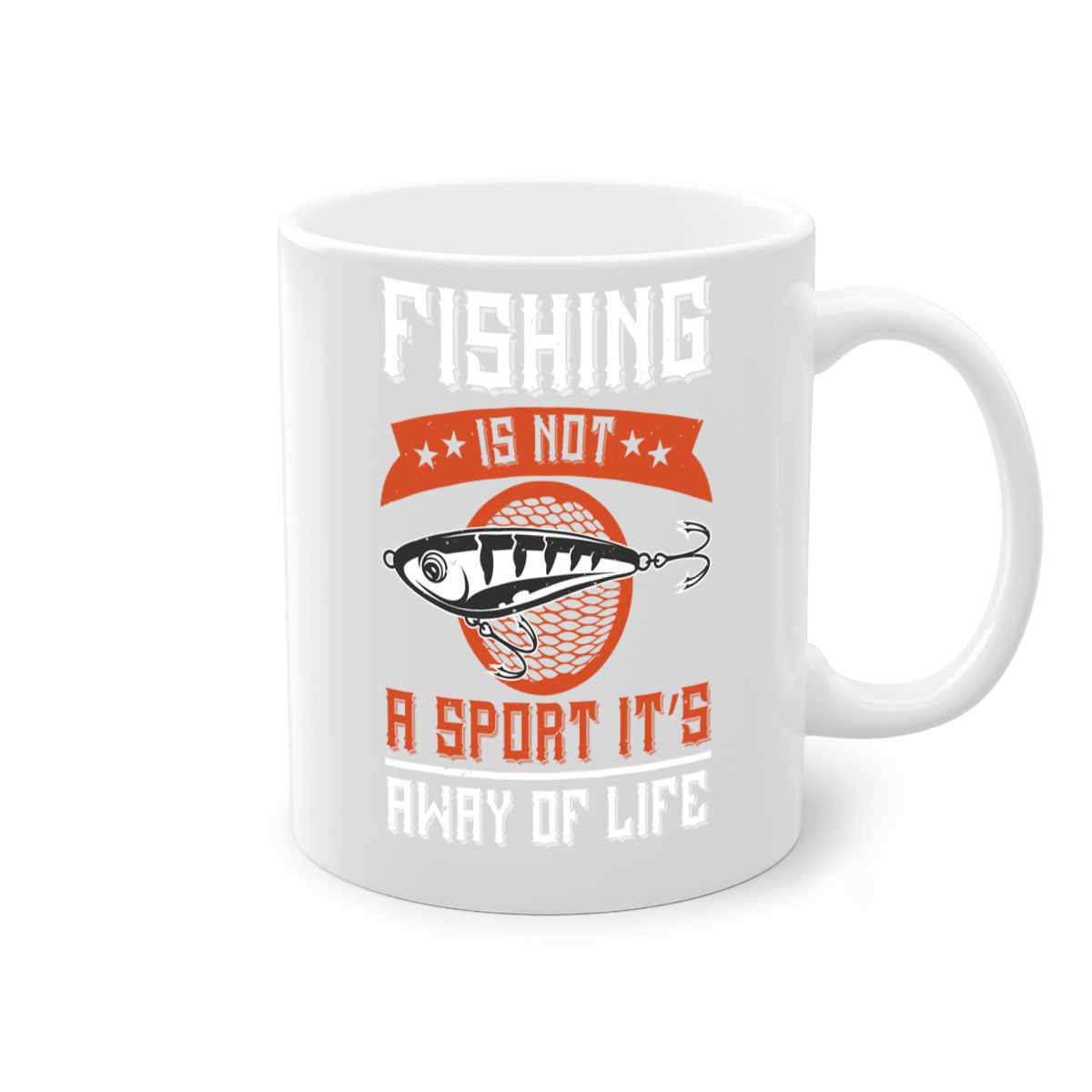 A two-tone ceramic coffee mug featuring the phrase 'Fishing is Not a Sport, It’s a Way of Life' with a glossy finish and colored handle.
