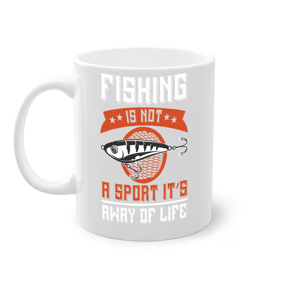 A two-tone ceramic coffee mug featuring the phrase 'Fishing is Not a Sport, It’s a Way of Life' with a glossy finish and colored handle.