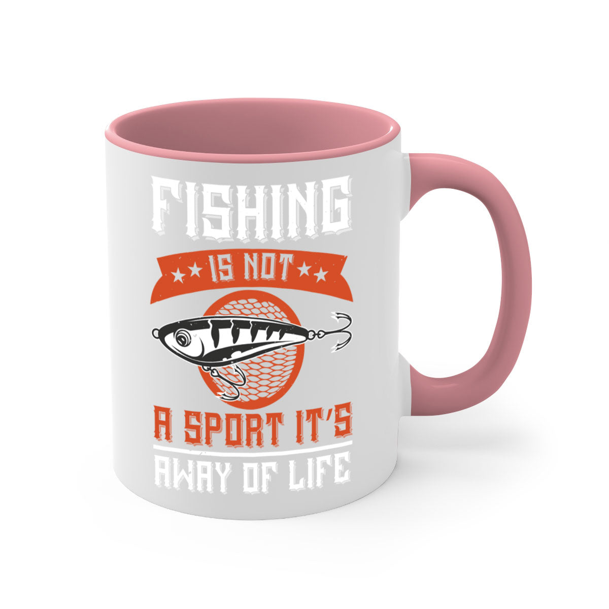 A two-tone ceramic coffee mug featuring the phrase 'Fishing is Not a Sport, It’s a Way of Life' with a glossy finish and colored handle.
