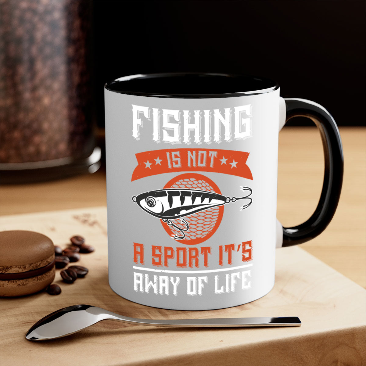 A two-tone ceramic coffee mug featuring the phrase 'Fishing is Not a Sport, It’s a Way of Life' with a glossy finish and colored handle.