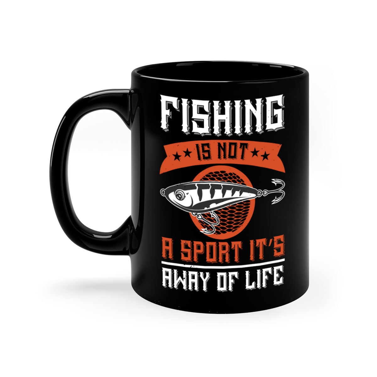 A two-tone ceramic coffee mug featuring the phrase 'Fishing is Not a Sport, It’s a Way of Life' with a glossy finish and colored handle.