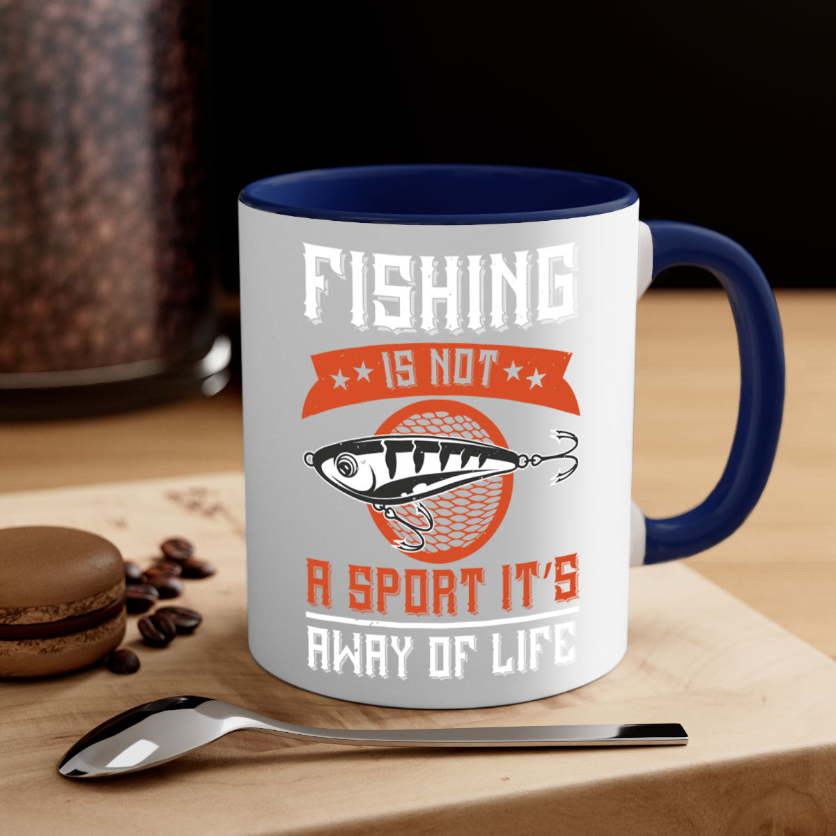 A two-tone ceramic coffee mug featuring the phrase 'Fishing is Not a Sport, It’s a Way of Life' with a glossy finish and colored handle.