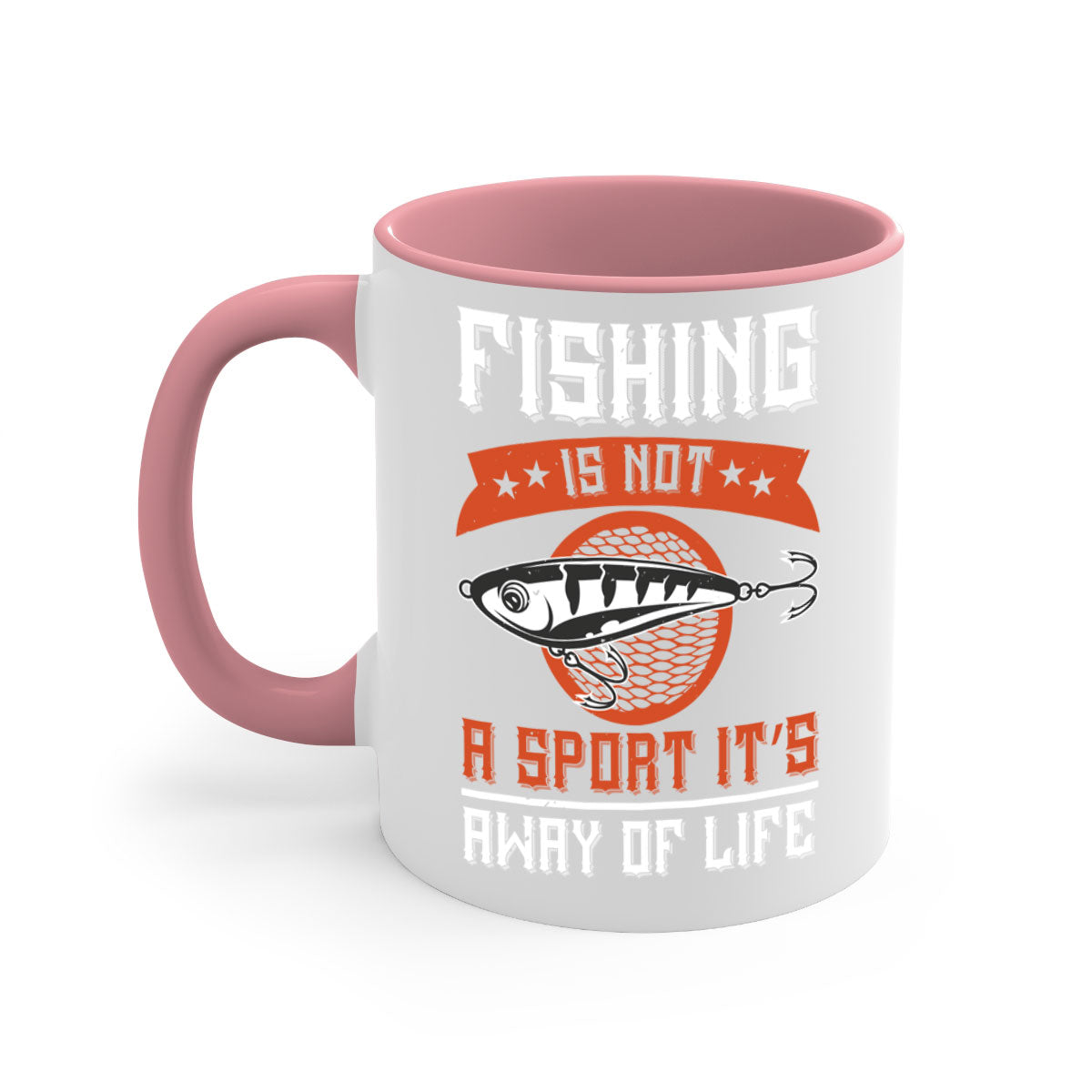 A two-tone ceramic coffee mug featuring the phrase 'Fishing is Not a Sport, It’s a Way of Life' with a glossy finish and colored handle.