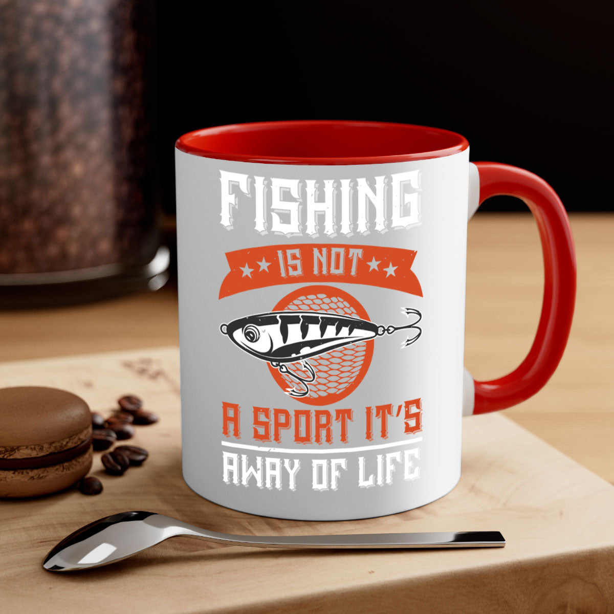 A two-tone ceramic coffee mug featuring the phrase 'Fishing is Not a Sport, It’s a Way of Life' with a glossy finish and colored handle.