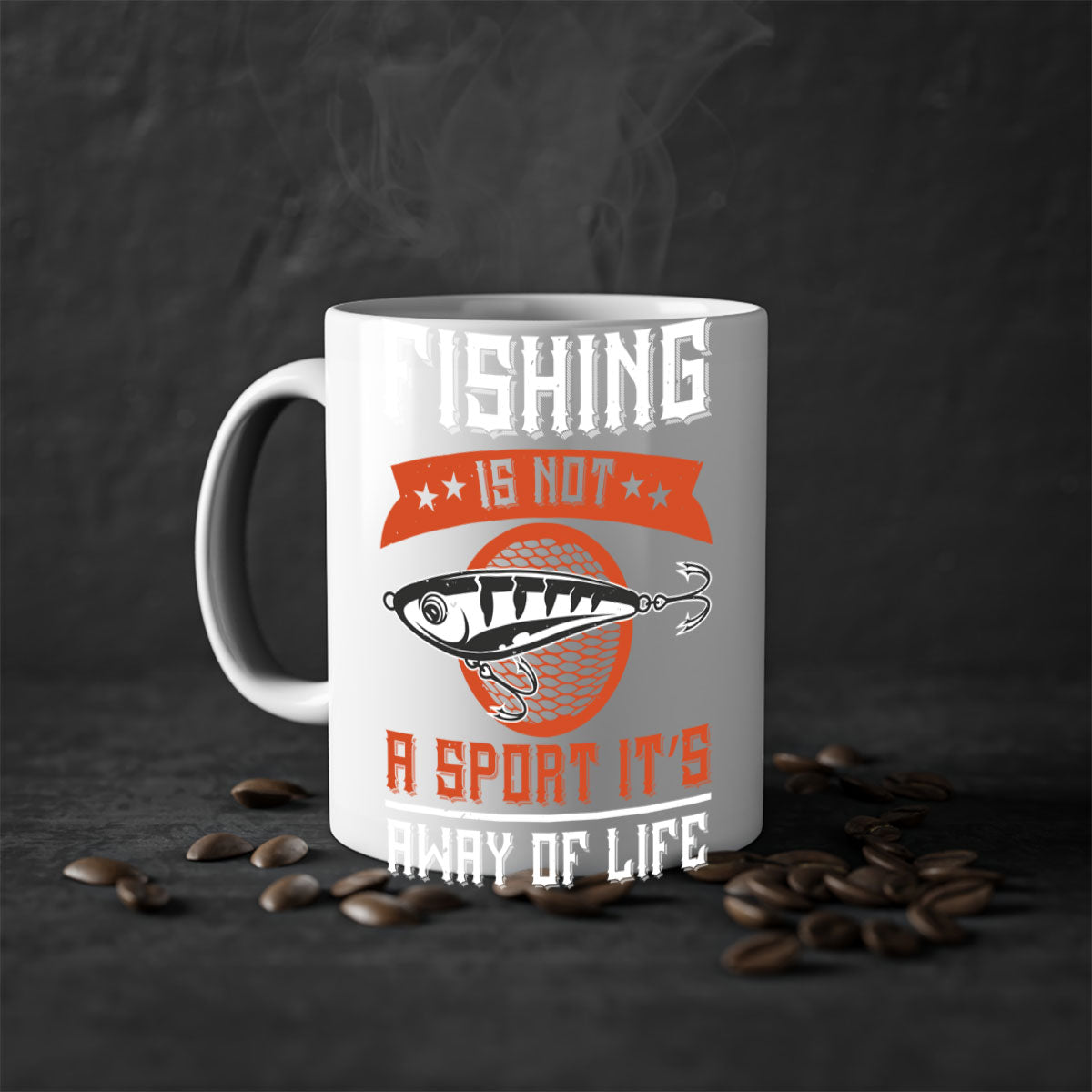 A two-tone ceramic coffee mug featuring the phrase 'Fishing is Not a Sport, It’s a Way of Life' with a glossy finish and colored handle.