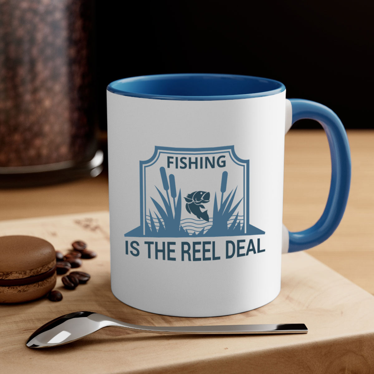 Fishing is the Real Deal 138# Mug with a glossy finish and colored handle, available in multiple colors and sizes.