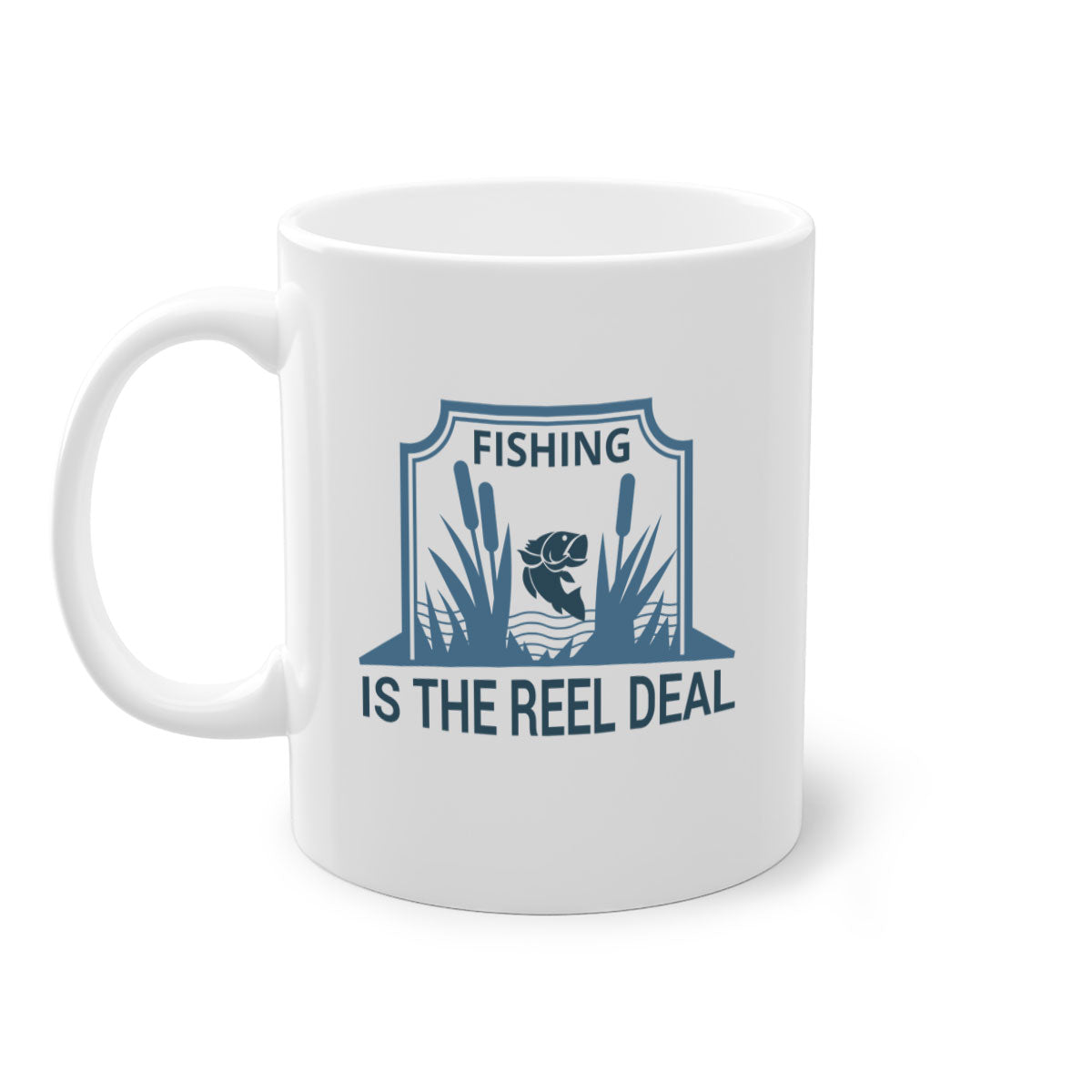Fishing is the Real Deal 138# Mug with a glossy finish and colored handle, available in multiple colors and sizes.