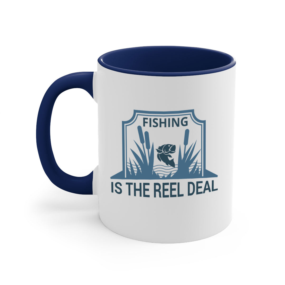 Fishing is the Real Deal 138# Mug with a glossy finish and colored handle, available in multiple colors and sizes.