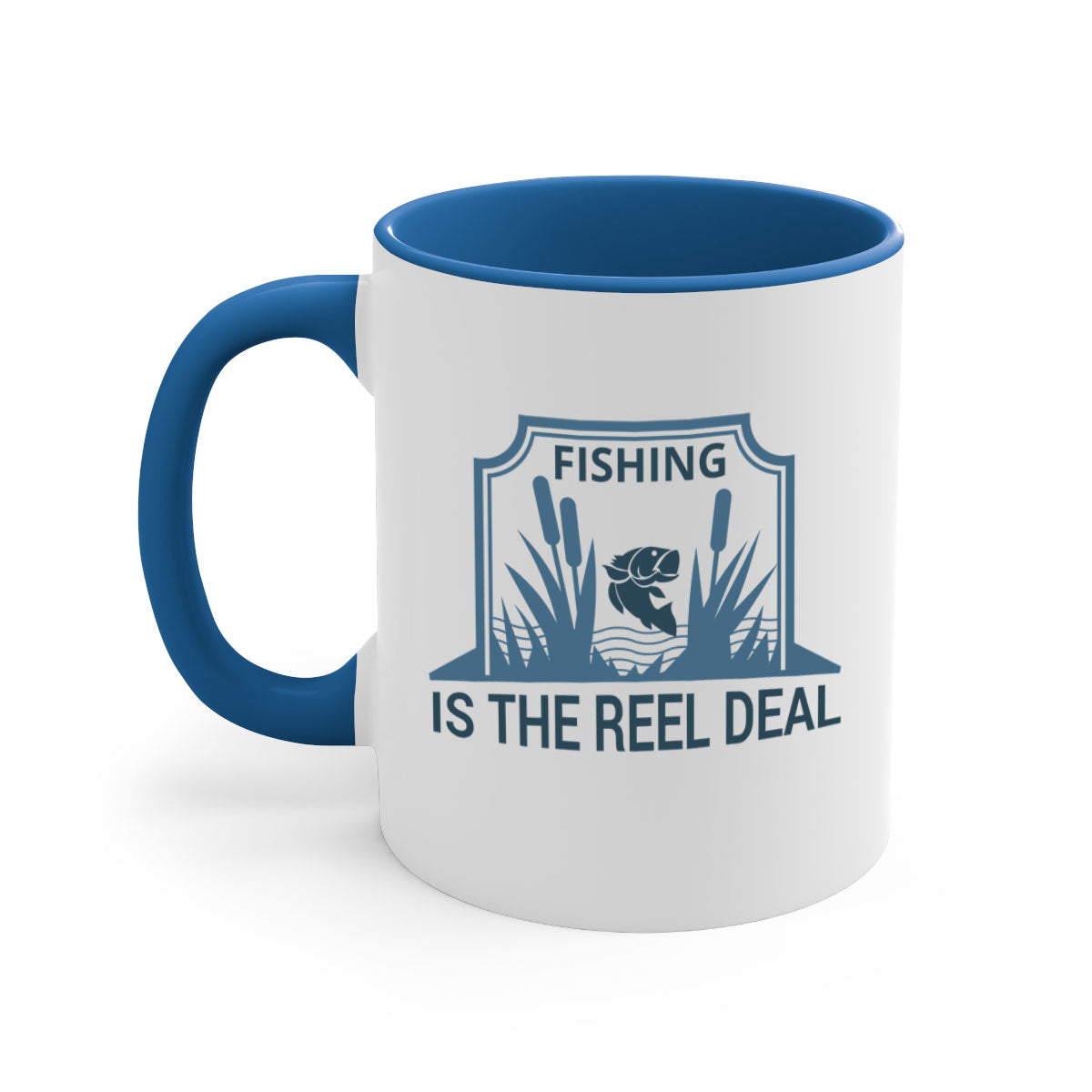 Fishing is the Real Deal 138# Mug with a glossy finish and colored handle, available in multiple colors and sizes.