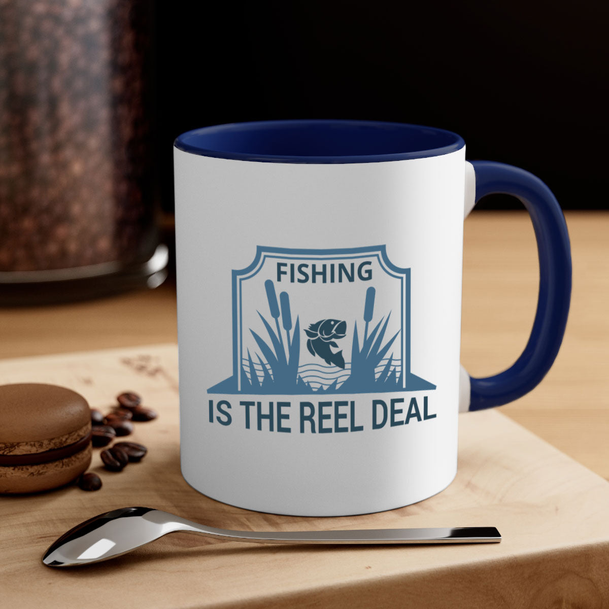 Fishing is the Real Deal 138# Mug with a glossy finish and colored handle, available in multiple colors and sizes.