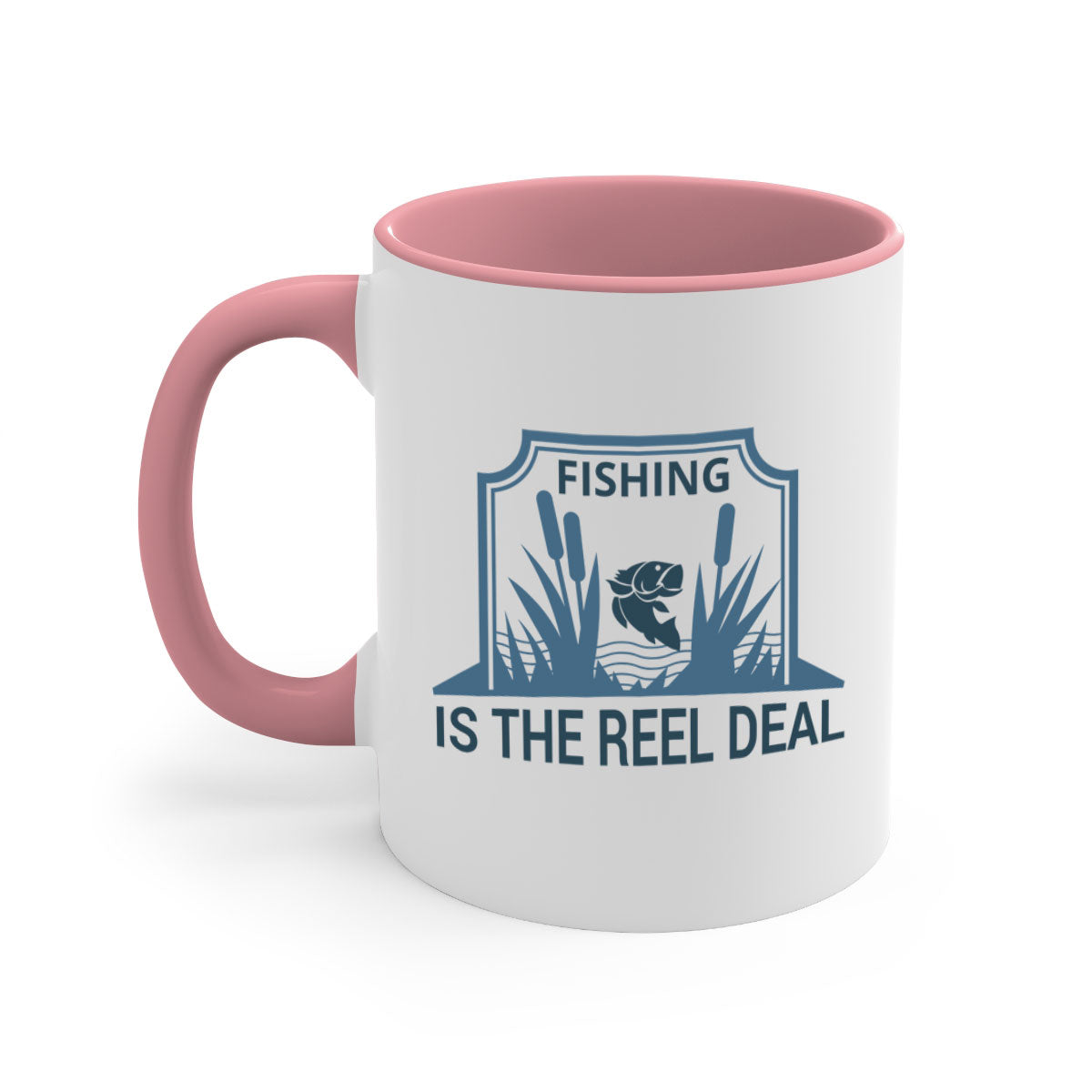 Fishing is the Real Deal 138# Mug with a glossy finish and colored handle, available in multiple colors and sizes.
