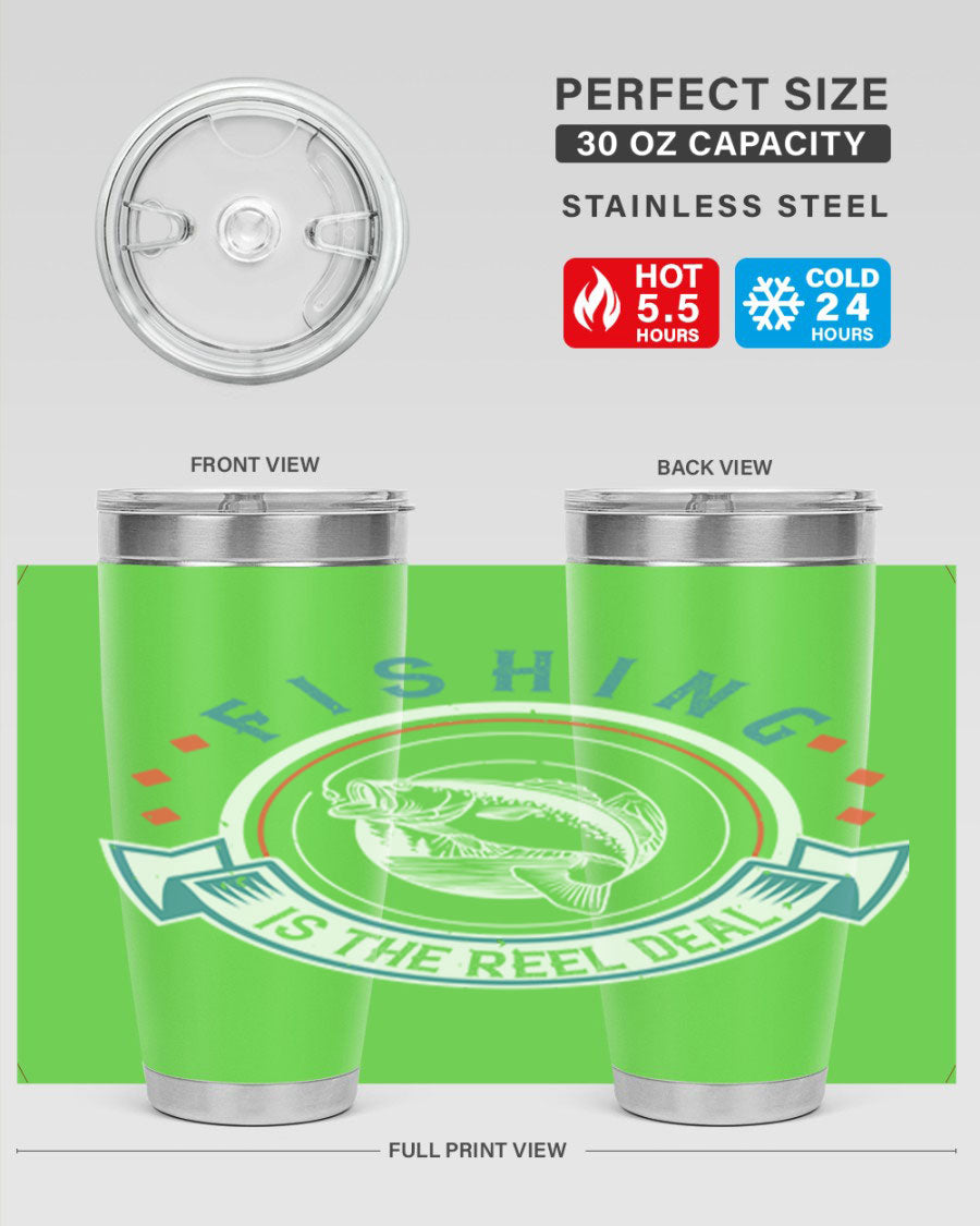Fishing is the Reel Deal 271# Tumbler showcasing a double wall vacuum stainless steel design with a drink-thru lid, perfect for outdoor adventures.