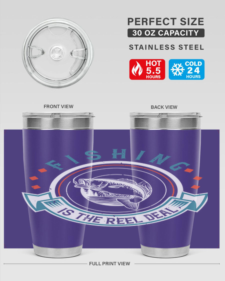 Fishing is the Reel Deal 271# Tumbler showcasing a double wall vacuum stainless steel design with a drink-thru lid, perfect for outdoor adventures.