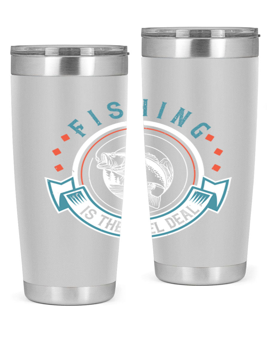 Fishing is the Reel Deal 271# Tumbler showcasing a double wall vacuum stainless steel design with a drink-thru lid, perfect for outdoor adventures.