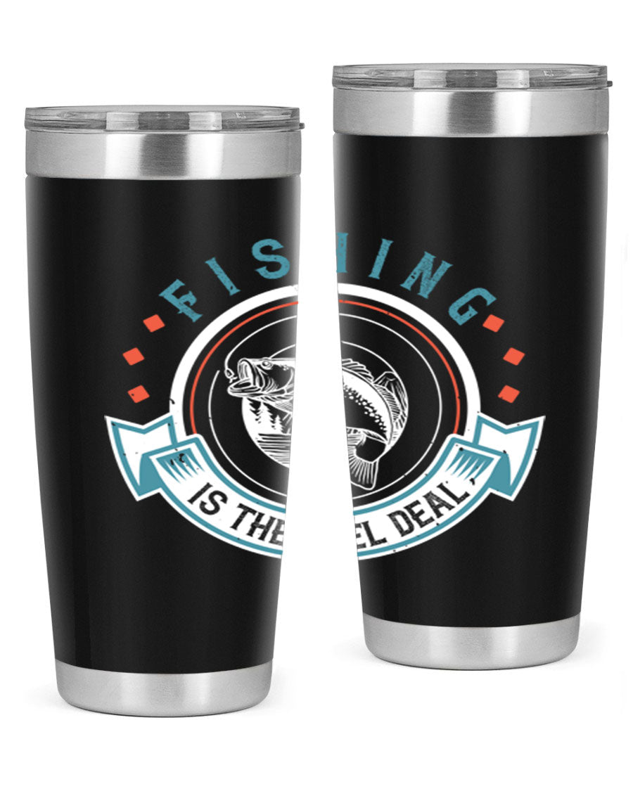 Fishing is the Reel Deal 271# Tumbler showcasing a double wall vacuum stainless steel design with a drink-thru lid, perfect for outdoor adventures.