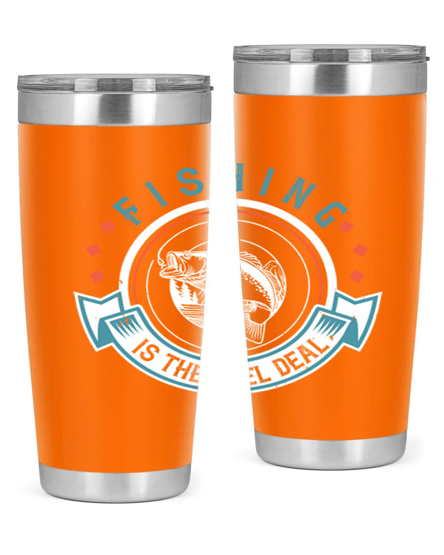Fishing is the Reel Deal 271# Tumbler showcasing a double wall vacuum stainless steel design with a drink-thru lid, perfect for outdoor adventures.