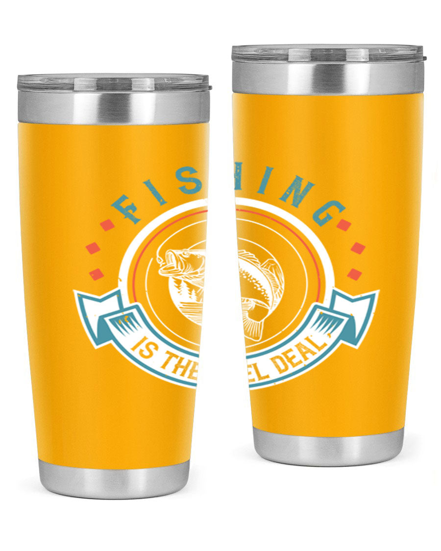Fishing is the Reel Deal 271# Tumbler showcasing a double wall vacuum stainless steel design with a drink-thru lid, perfect for outdoor adventures.