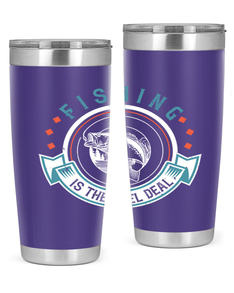 Fishing is the Reel Deal 271# Tumbler showcasing a double wall vacuum stainless steel design with a drink-thru lid, perfect for outdoor adventures.