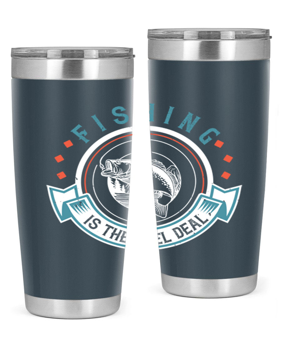 Fishing is the Reel Deal 271# Tumbler showcasing a double wall vacuum stainless steel design with a drink-thru lid, perfect for outdoor adventures.