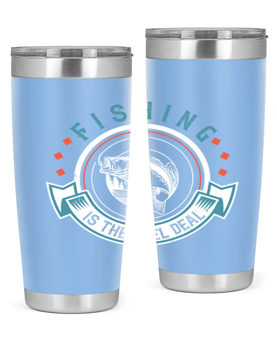 Fishing is the Reel Deal 271# Tumbler showcasing a double wall vacuum stainless steel design with a drink-thru lid, perfect for outdoor adventures.
