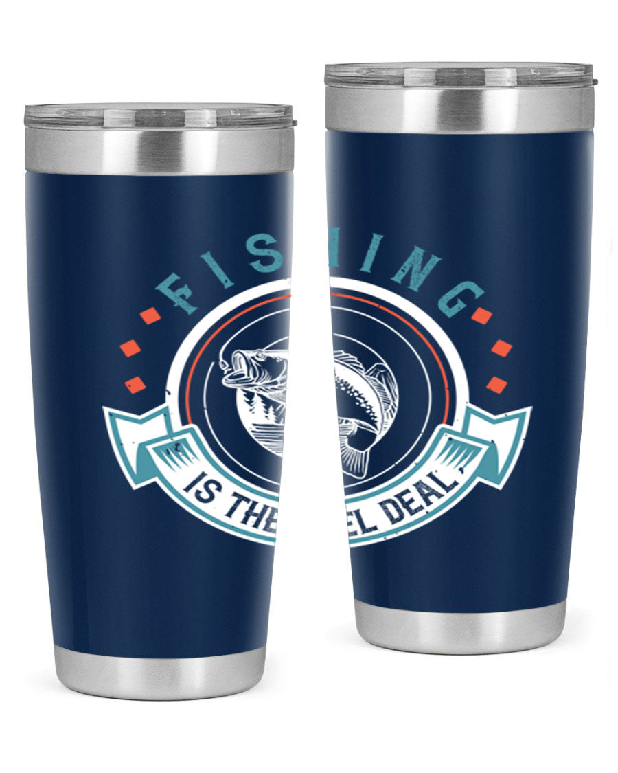 Fishing is the Reel Deal 271# Tumbler showcasing a double wall vacuum stainless steel design with a drink-thru lid, perfect for outdoor adventures.
