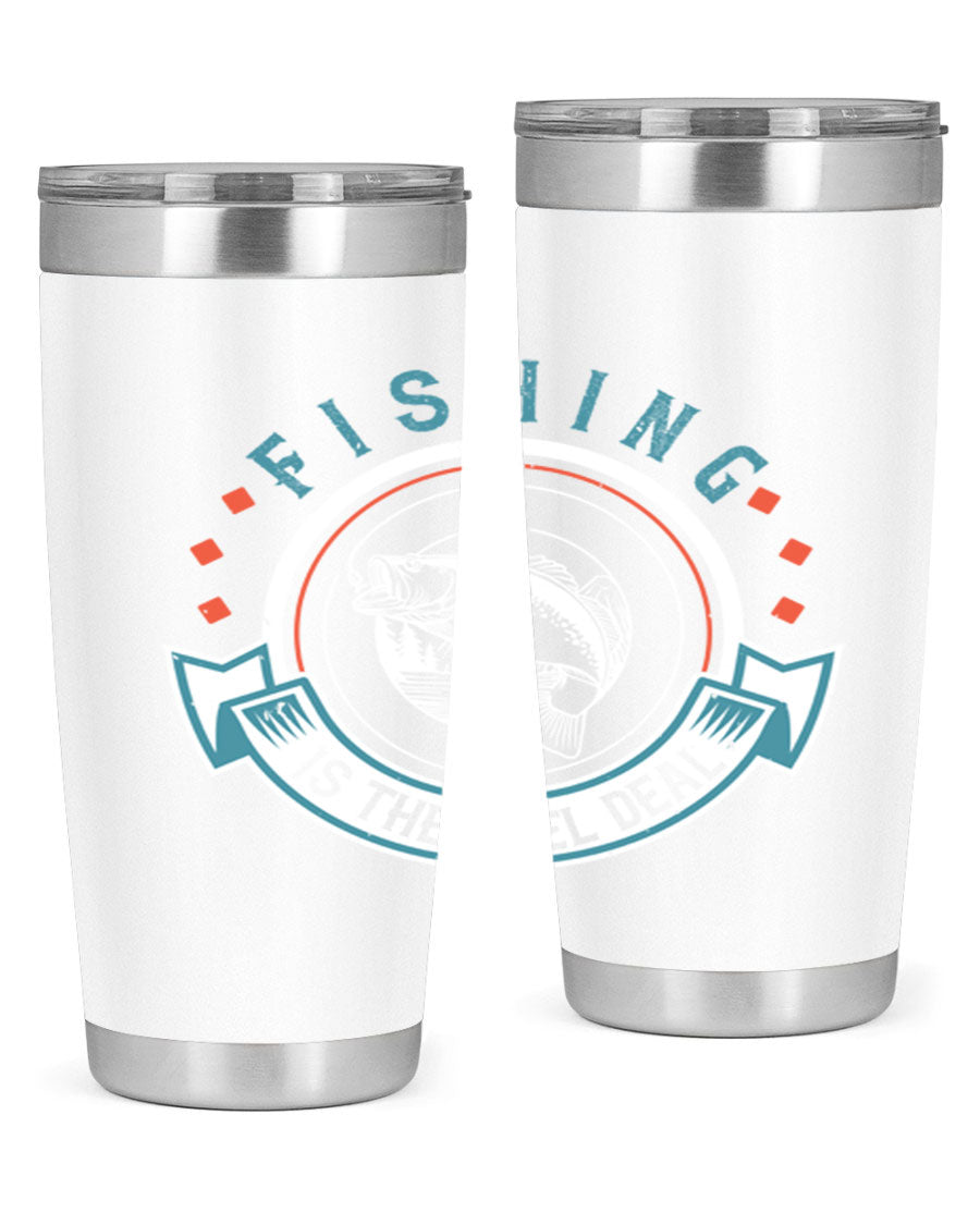 Fishing is the Reel Deal 271# Tumbler showcasing a double wall vacuum stainless steel design with a drink-thru lid, perfect for outdoor adventures.