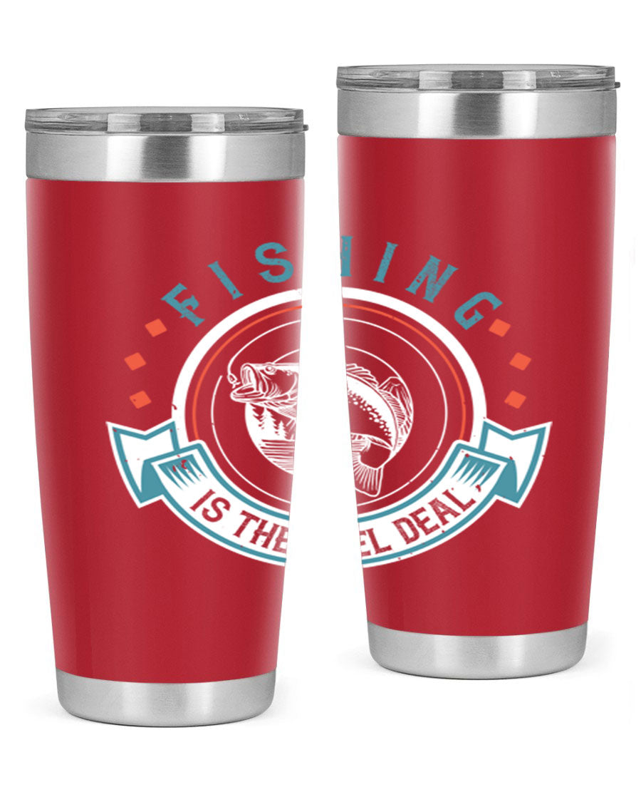Fishing is the Reel Deal 271# Tumbler showcasing a double wall vacuum stainless steel design with a drink-thru lid, perfect for outdoor adventures.