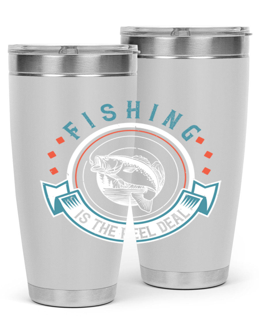 Fishing is the Reel Deal 271# Tumbler showcasing a double wall vacuum stainless steel design with a drink-thru lid, perfect for outdoor adventures.