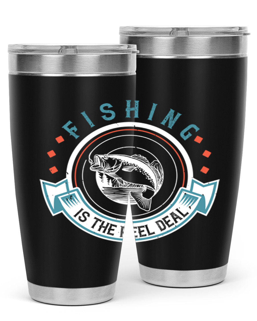 Fishing is the Reel Deal 271# Tumbler showcasing a double wall vacuum stainless steel design with a drink-thru lid, perfect for outdoor adventures.
