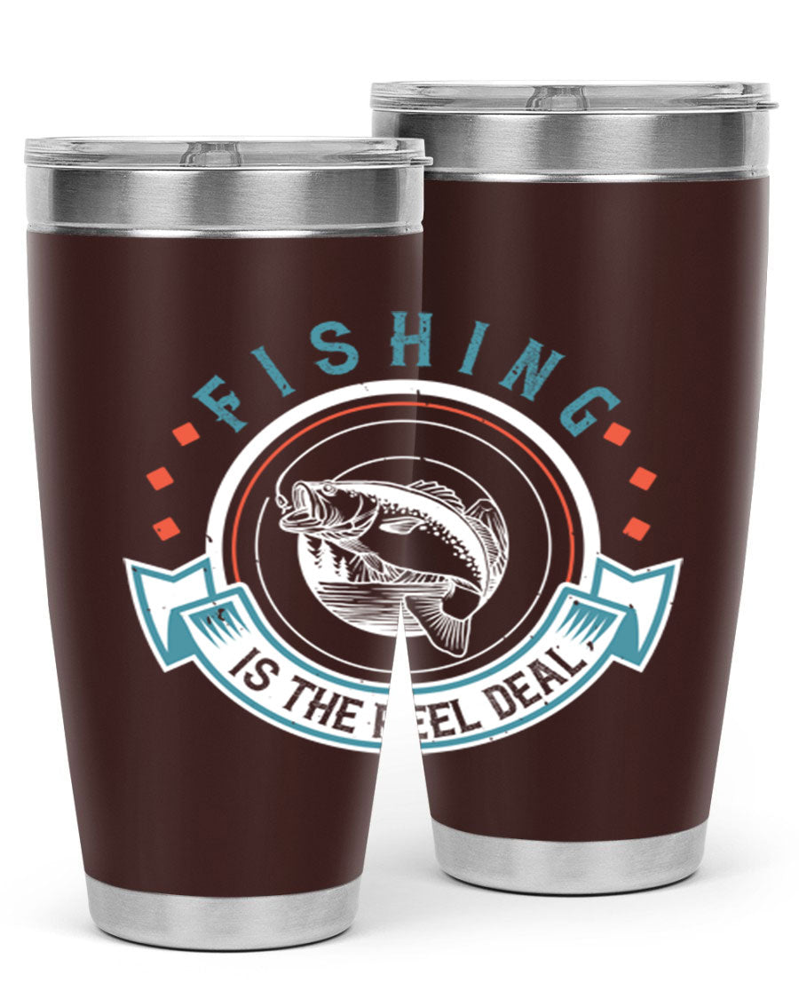 Fishing is the Reel Deal 271# Tumbler showcasing a double wall vacuum stainless steel design with a drink-thru lid, perfect for outdoor adventures.
