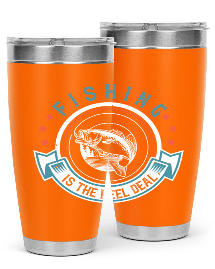 Fishing is the Reel Deal 271# Tumbler showcasing a double wall vacuum stainless steel design with a drink-thru lid, perfect for outdoor adventures.