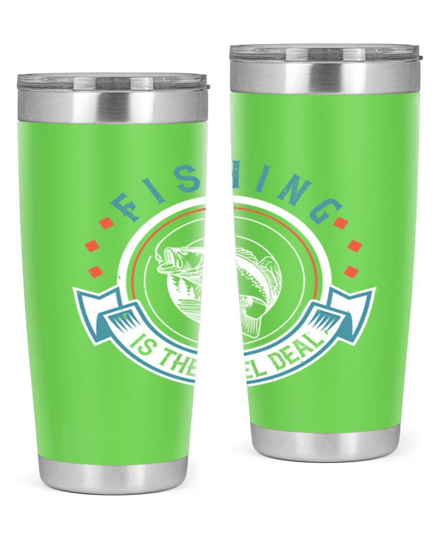 Fishing is the Reel Deal 271# Tumbler showcasing a double wall vacuum stainless steel design with a drink-thru lid, perfect for outdoor adventures.