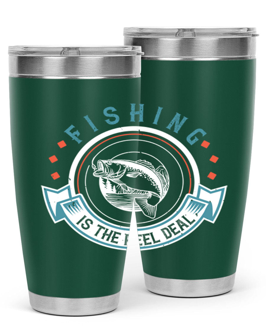 Fishing is the Reel Deal 271# Tumbler showcasing a double wall vacuum stainless steel design with a drink-thru lid, perfect for outdoor adventures.