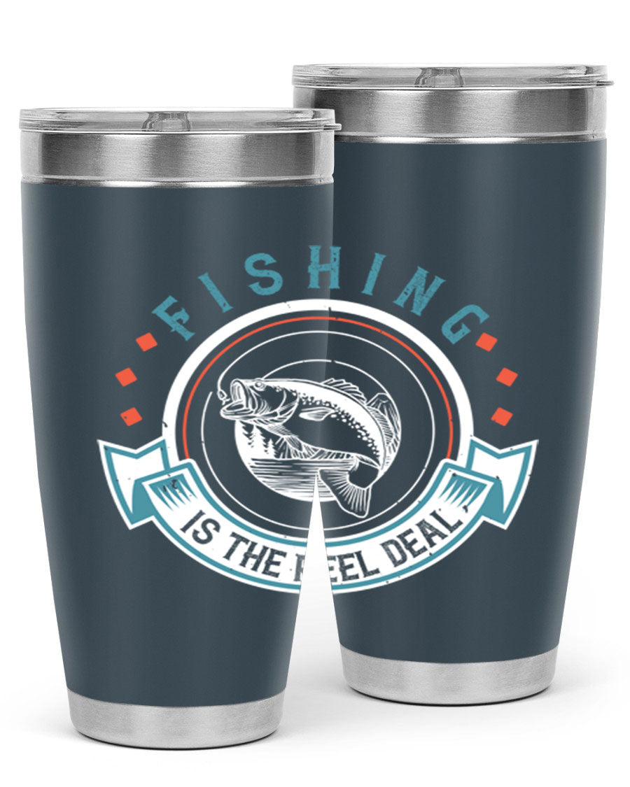 Fishing is the Reel Deal 271# Tumbler showcasing a double wall vacuum stainless steel design with a drink-thru lid, perfect for outdoor adventures.