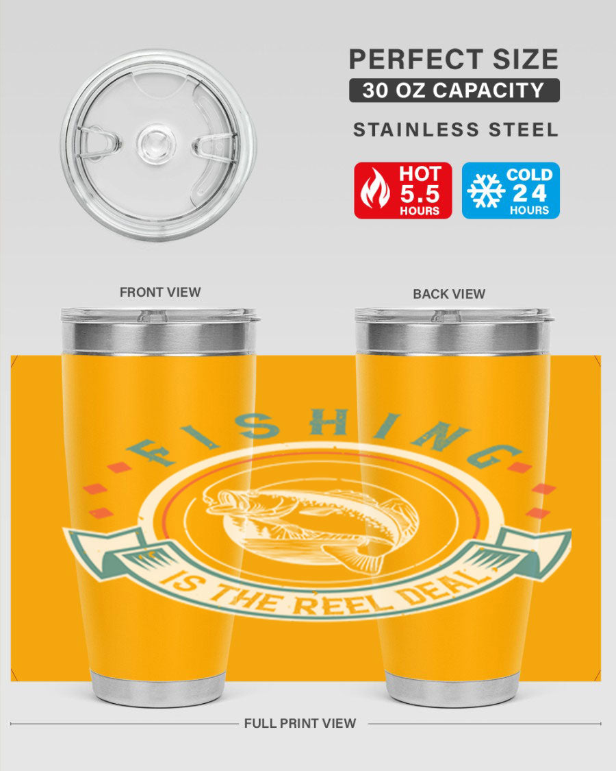 Fishing is the Reel Deal 271# Tumbler showcasing a double wall vacuum stainless steel design with a drink-thru lid, perfect for outdoor adventures.