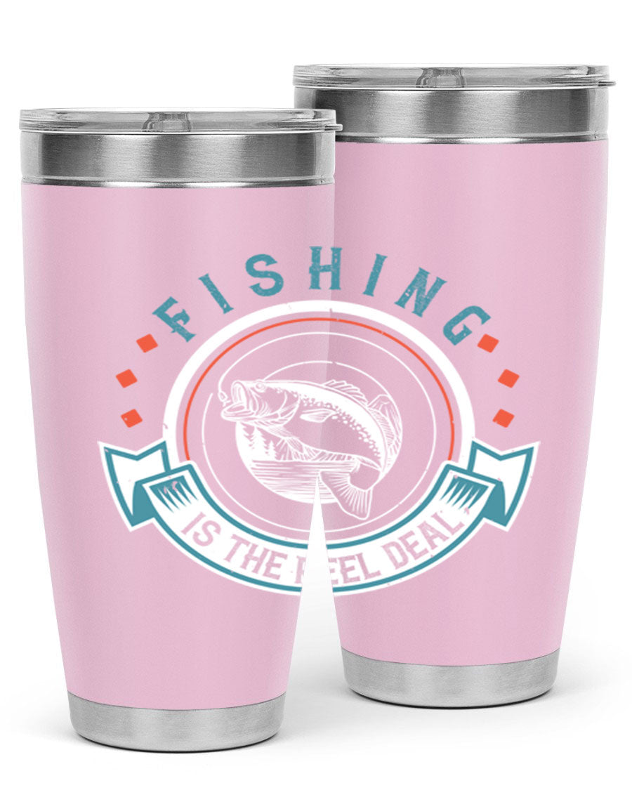 Fishing is the Reel Deal 271# Tumbler showcasing a double wall vacuum stainless steel design with a drink-thru lid, perfect for outdoor adventures.