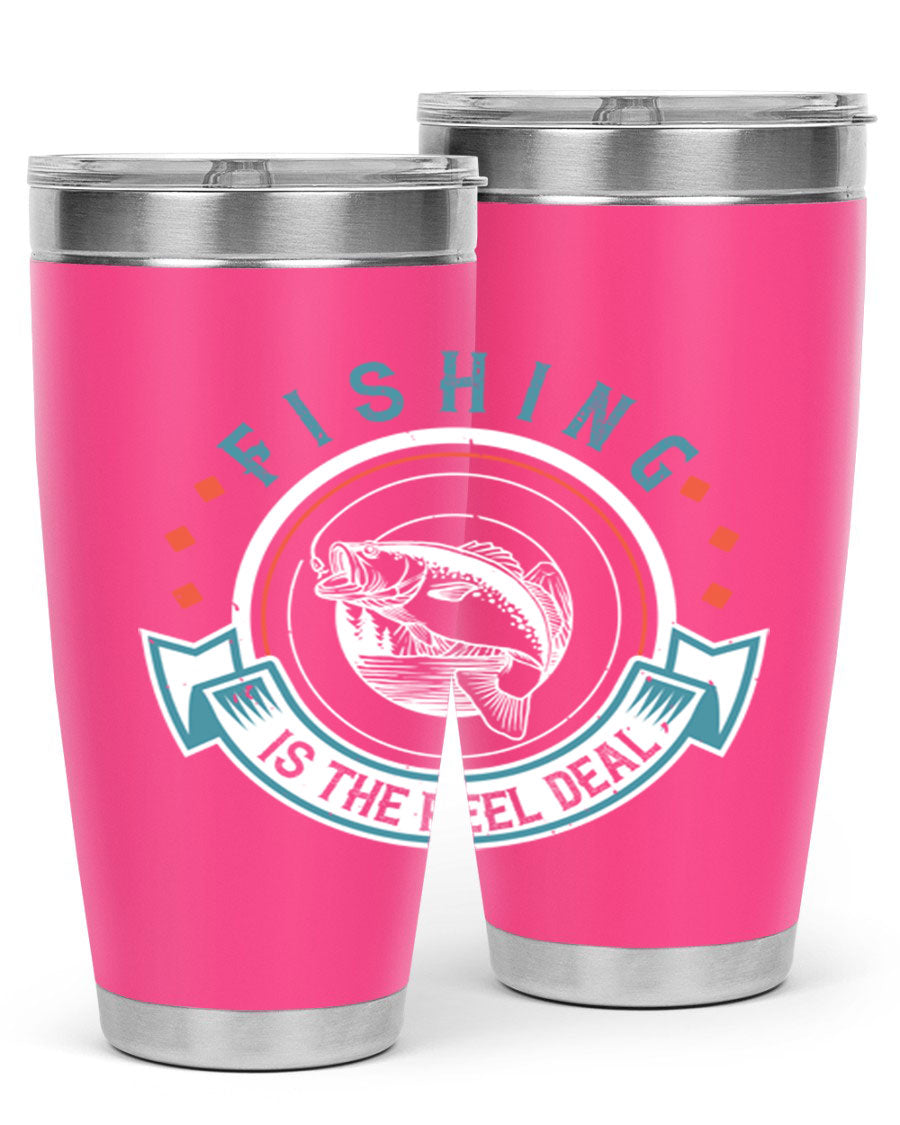 Fishing is the Reel Deal 271# Tumbler showcasing a double wall vacuum stainless steel design with a drink-thru lid, perfect for outdoor adventures.