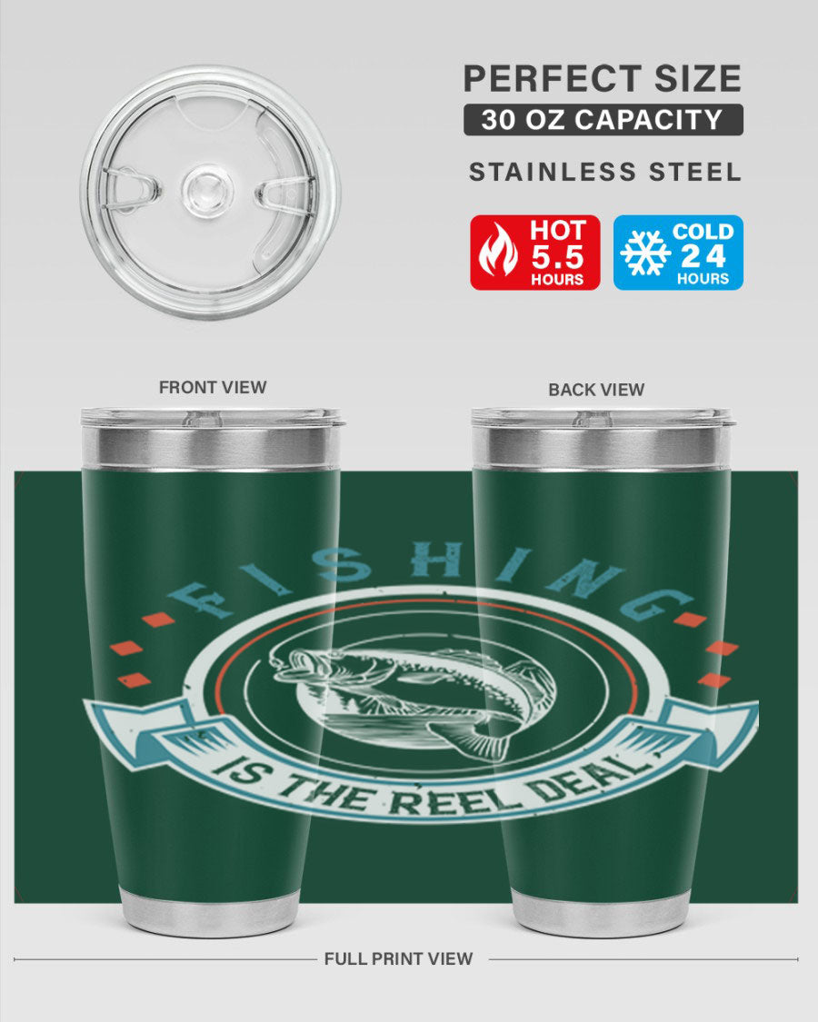 Fishing is the Reel Deal 271# Tumbler showcasing a double wall vacuum stainless steel design with a drink-thru lid, perfect for outdoor adventures.