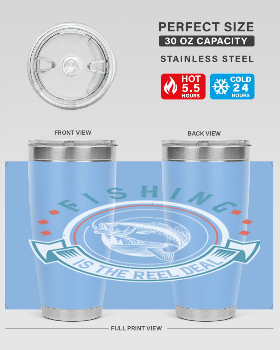 Fishing is the Reel Deal 271# Tumbler showcasing a double wall vacuum stainless steel design with a drink-thru lid, perfect for outdoor adventures.