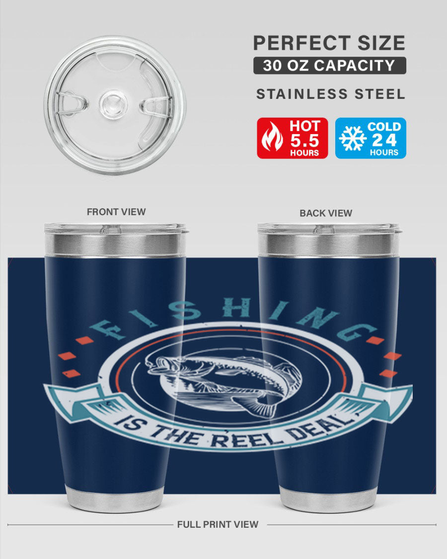 Fishing is the Reel Deal 271# Tumbler showcasing a double wall vacuum stainless steel design with a drink-thru lid, perfect for outdoor adventures.
