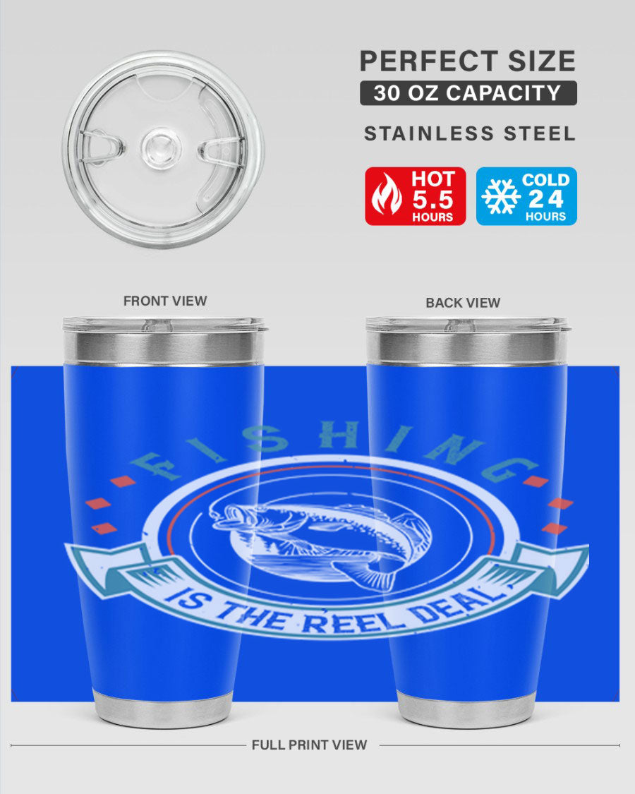Fishing is the Reel Deal 271# Tumbler showcasing a double wall vacuum stainless steel design with a drink-thru lid, perfect for outdoor adventures.