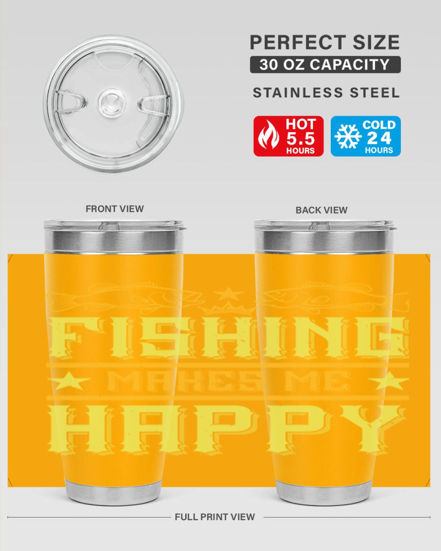 Fishing Makes Me Happy 20oz Tumbler showcasing a stylish design with a press-in lid, perfect for outdoor adventures.