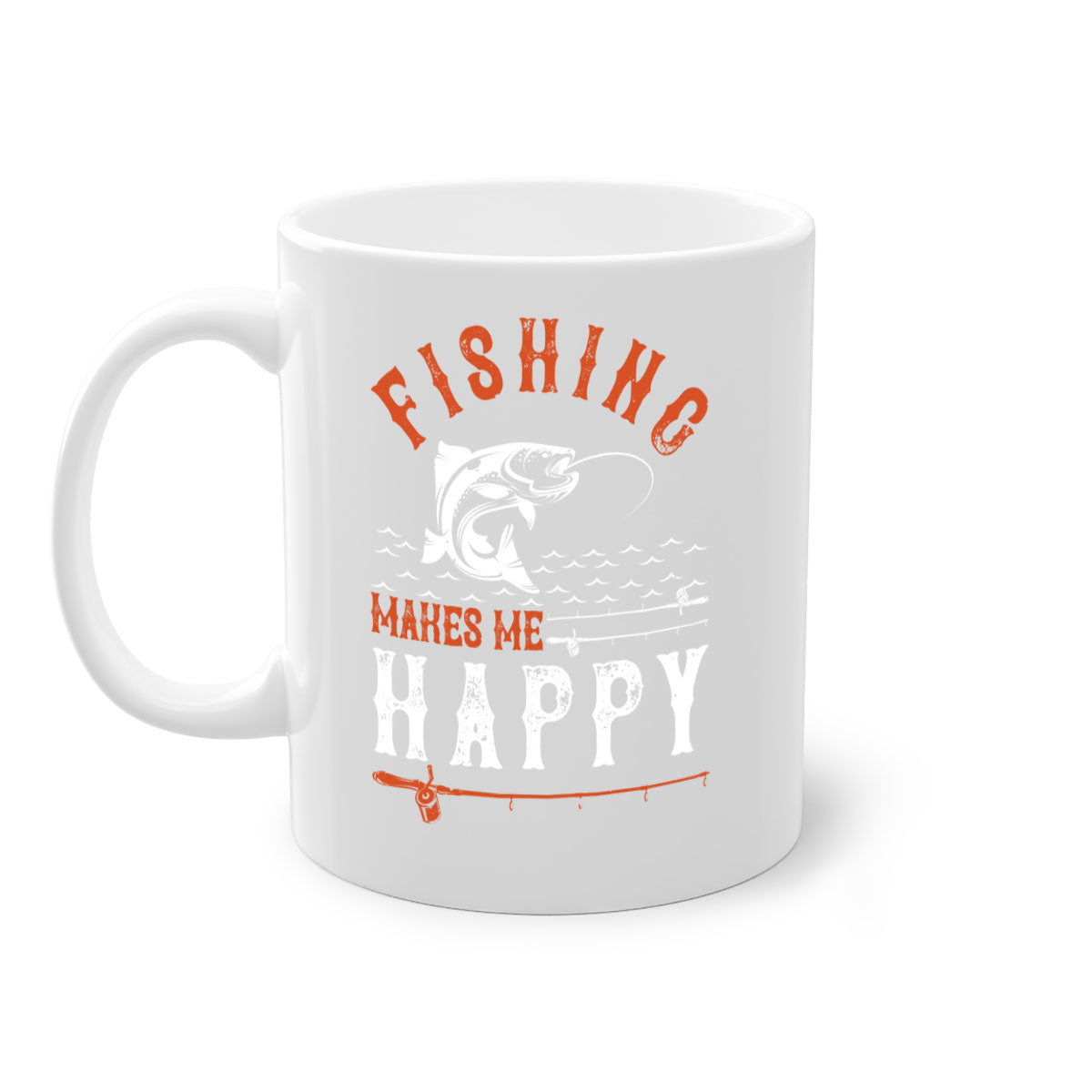 Ceramic coffee mug with 'Fishing Makes Me Happy' design, featuring a glossy finish and colored handle.