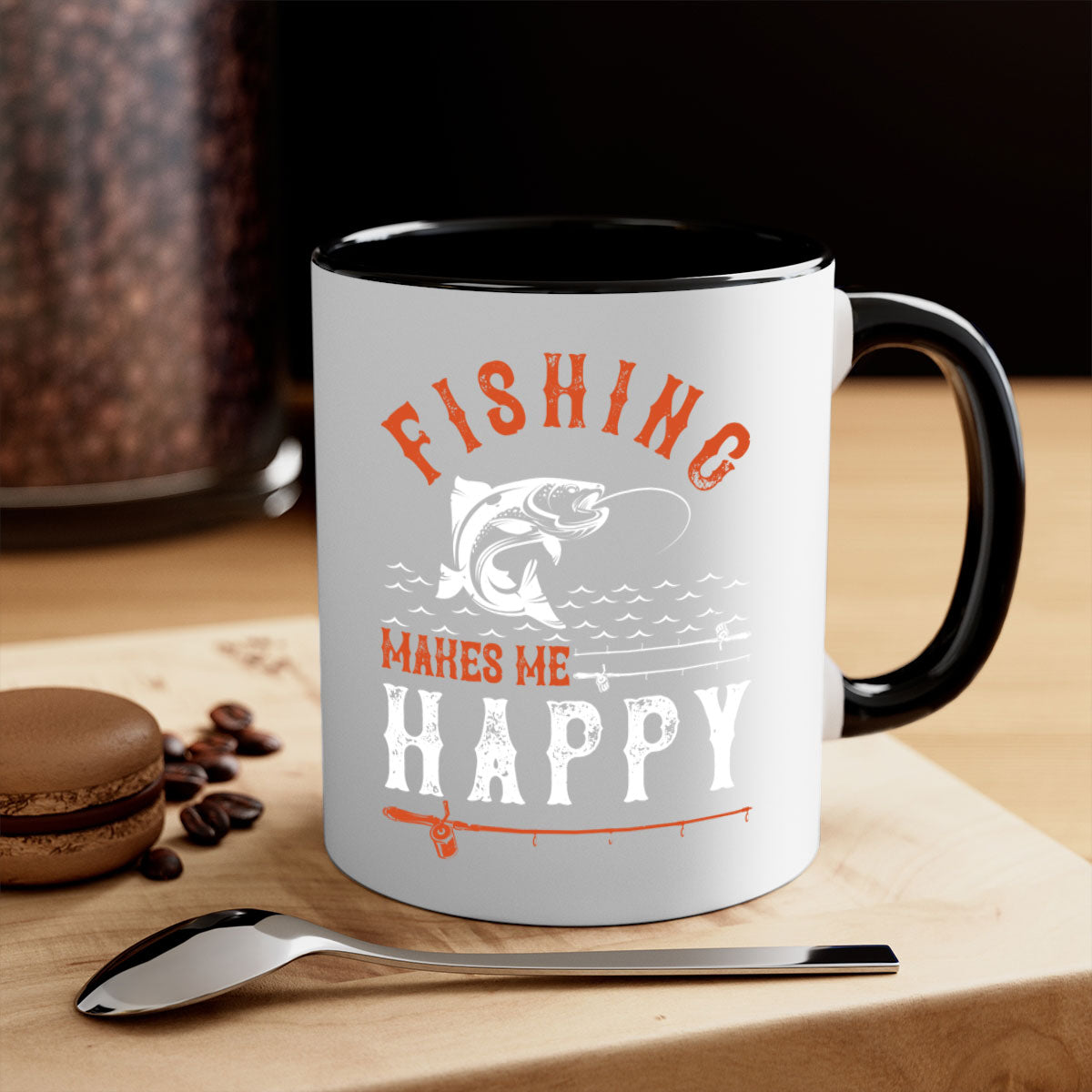 Ceramic coffee mug with 'Fishing Makes Me Happy' design, featuring a glossy finish and colored handle.
