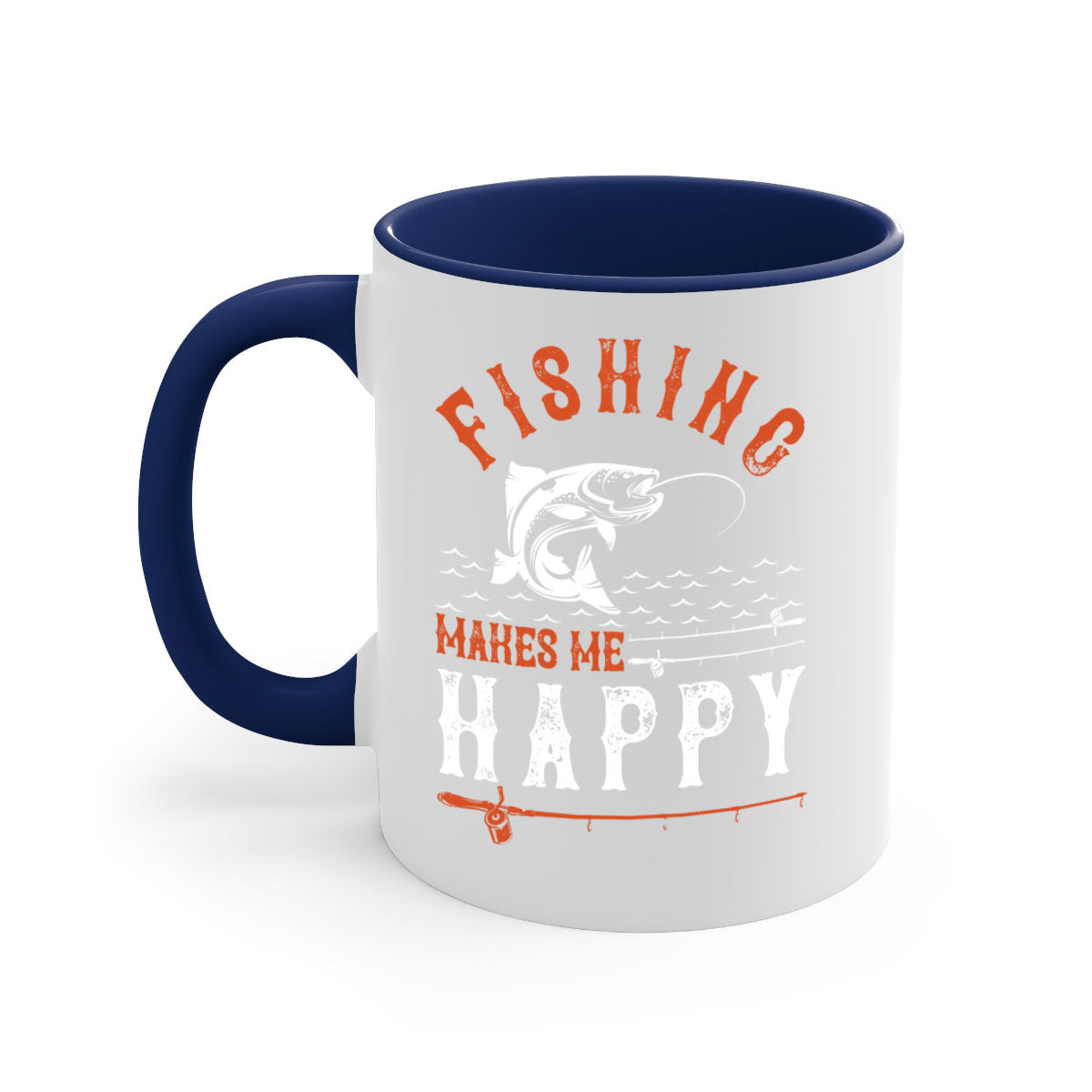 Ceramic coffee mug with 'Fishing Makes Me Happy' design, featuring a glossy finish and colored handle.