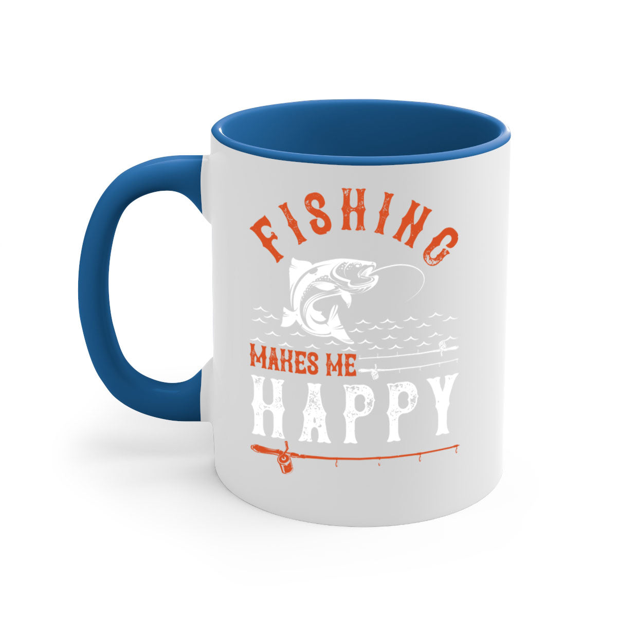 Ceramic coffee mug with 'Fishing Makes Me Happy' design, featuring a glossy finish and colored handle.