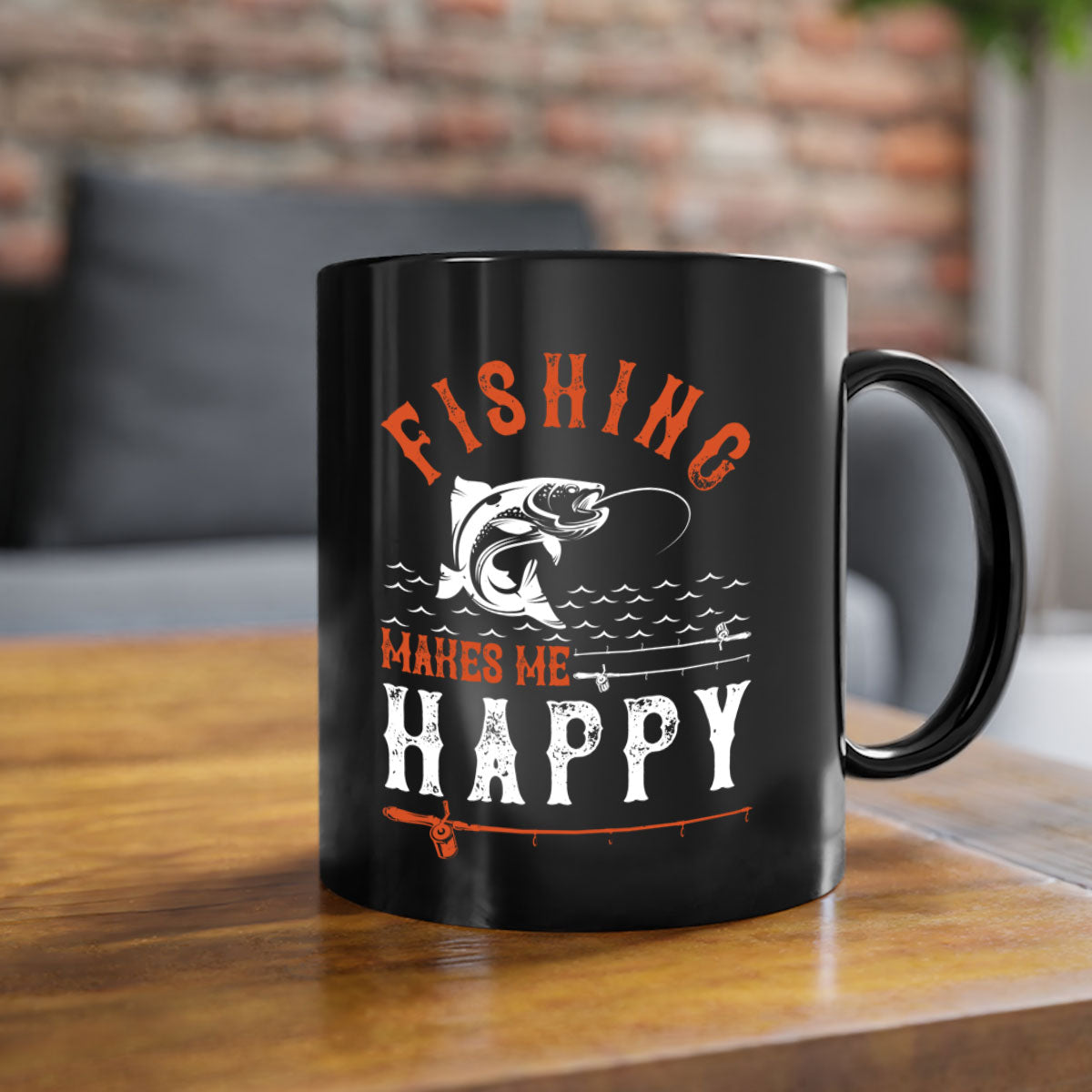 Ceramic coffee mug with 'Fishing Makes Me Happy' design, featuring a glossy finish and colored handle.