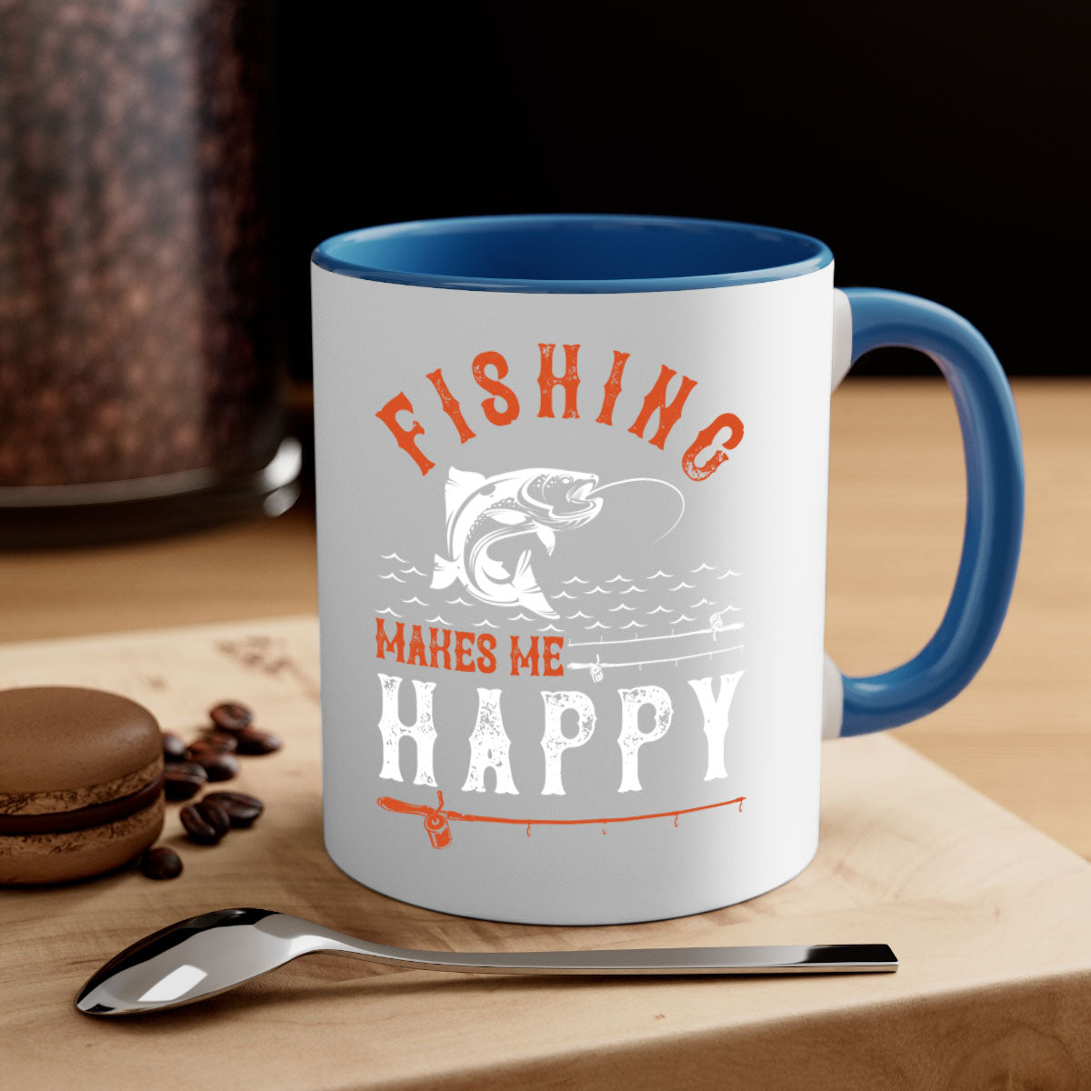 Ceramic coffee mug with 'Fishing Makes Me Happy' design, featuring a glossy finish and colored handle.