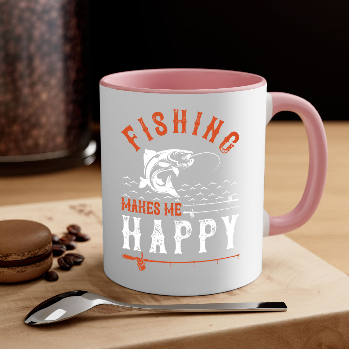 Ceramic coffee mug with 'Fishing Makes Me Happy' design, featuring a glossy finish and colored handle.